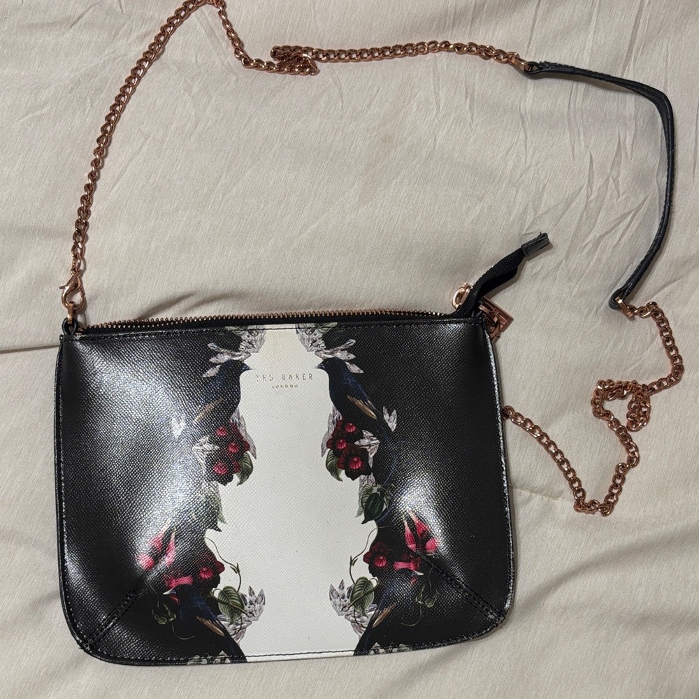 Ted Baker Black and White Floral Chain Crossbody with Rose-Gold Chain
